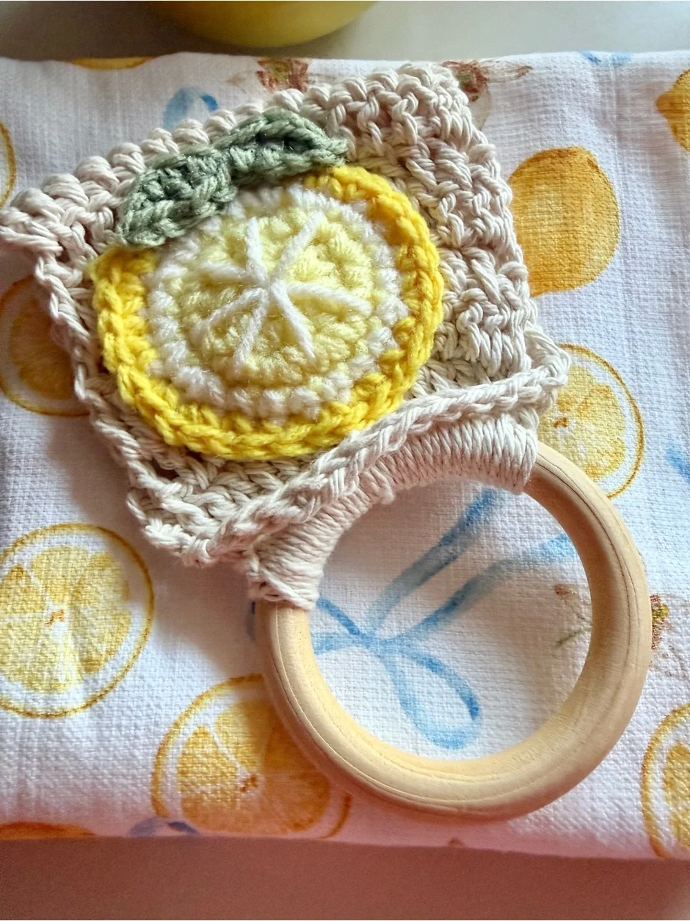 Handmade Crochet Lemon Kitchen Hanging Towel Cotton Yellow Blue Cottagecore